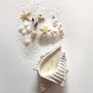 Concrete shell candle with conch-inspired design, fragrance and seashell décor